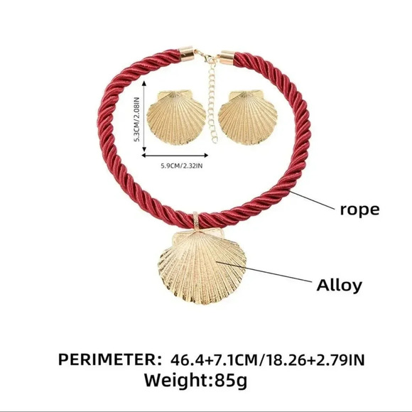 Seashell Gold Red Rope Chain Earrings Necklace Earrings Set - Picture 8 of 16